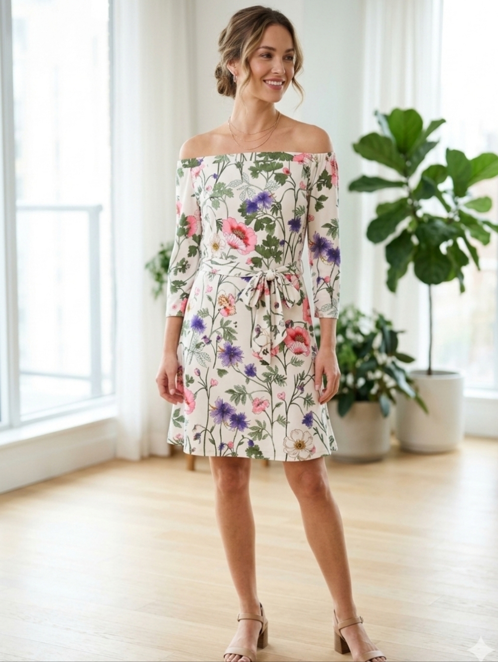 Express Off-Shoulder Floral Belted Dress - Creqm with Pink & Purple Flowers sz M